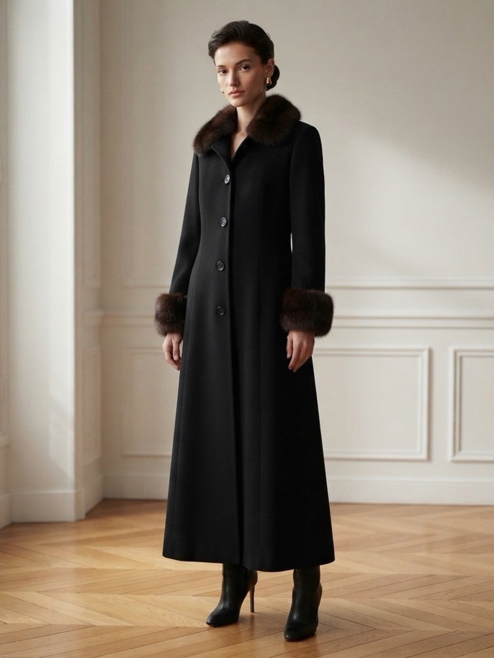 Marvin Richards Black Coat with Brown Fur Collar